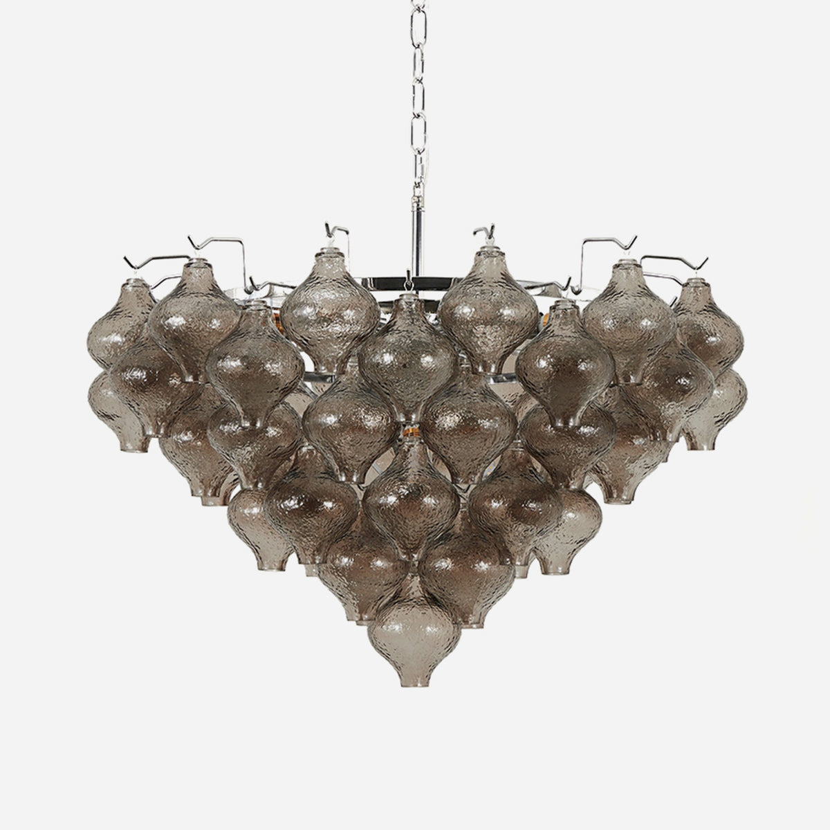 Vespera Tiered Smoked Glass Chandelier | Textured Smoked Glass | Full front studio view isolated on a plain background showing the inverted pyramid shape | Severn Lighting