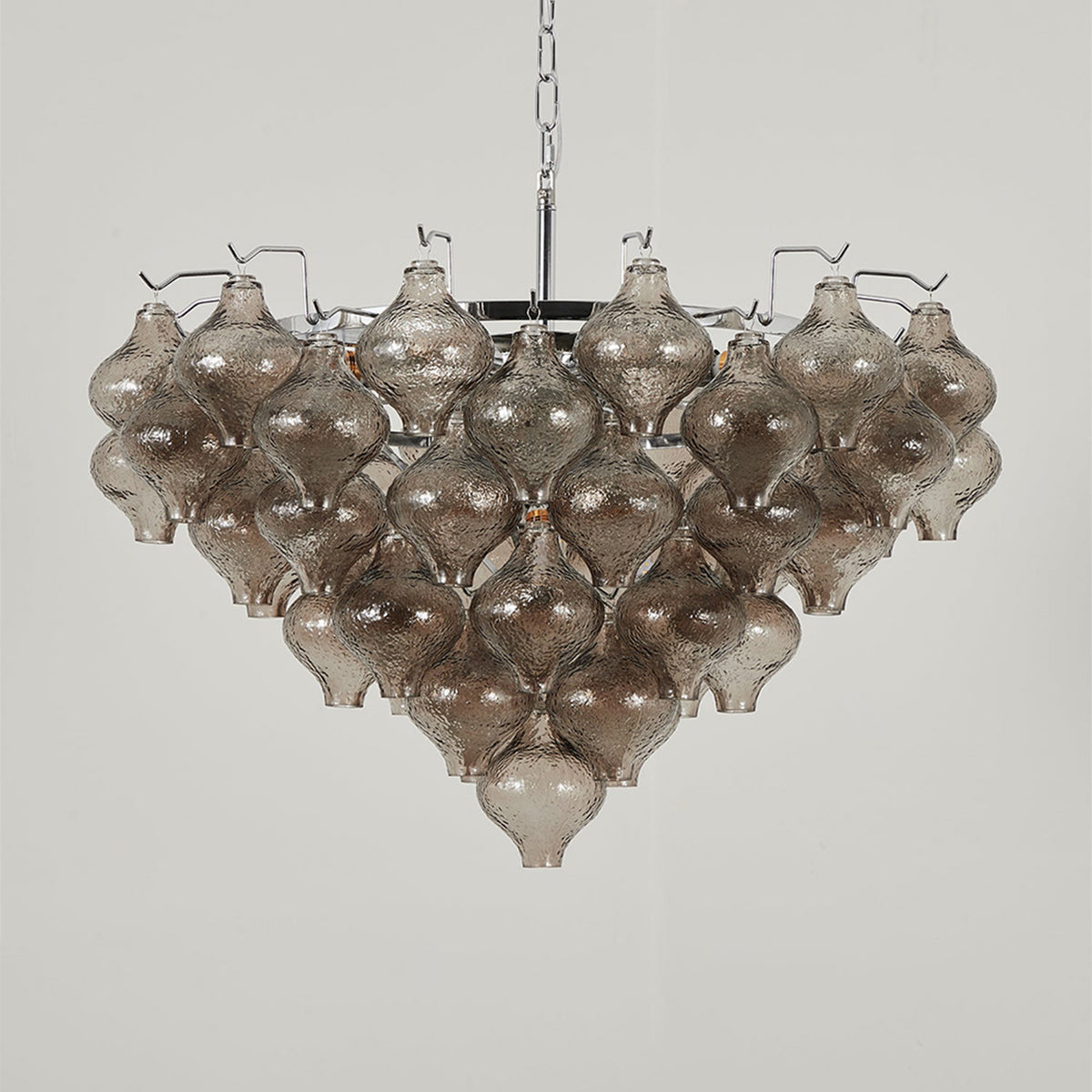 Vespera Tiered Smoked Glass Chandelier | Textured Smoked Glass | Standard product view hanging unlit against a clean light neutral grey background | Severn Lighting