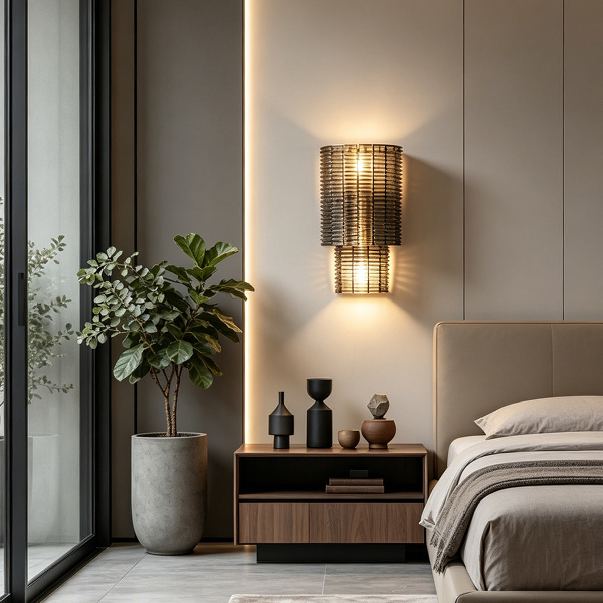 Vespera Tiered Smoky Glass Wall Lamp | Glass, Metal | Positioned as a moody bedtime nightlight over a low-profile walnut wood nightstand next to a modern bed | Severn Lighting
