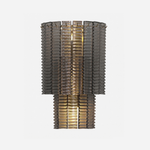 Vespera Tiered Smoky Glass Wall Lamp | Glass, Metal | Fully lit contemporary two-tiered wall sconce made of vertically ribbed smoky grey glass panels over a gold metal frame | Isolated product shot on white background | Severn Lighting