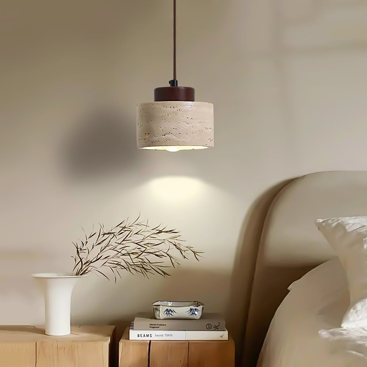 Vintage Cylindrical Travertine Pendant Light