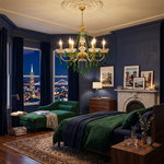 Vionne Green Crystal Drop Brass Chandelier | Green Crystal, Clear Glass and Brass | Illuminating a dark moody bedroom with a city skyline view at night | Severn Lighting