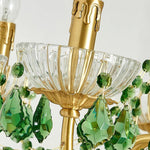 Vionne Green Crystal Drop Brass Chandelier | Green Crystal, Clear Glass and Brass | Bottom-up perspective of the clear glass bobeche and attached green crystals | Severn Lighting