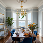 Vionne Green Crystal Drop Brass Chandelier | Green Crystal, Clear Glass and Brass | Enhancing a classic dining room above a long table with blue velvet chairs | Severn Lighting