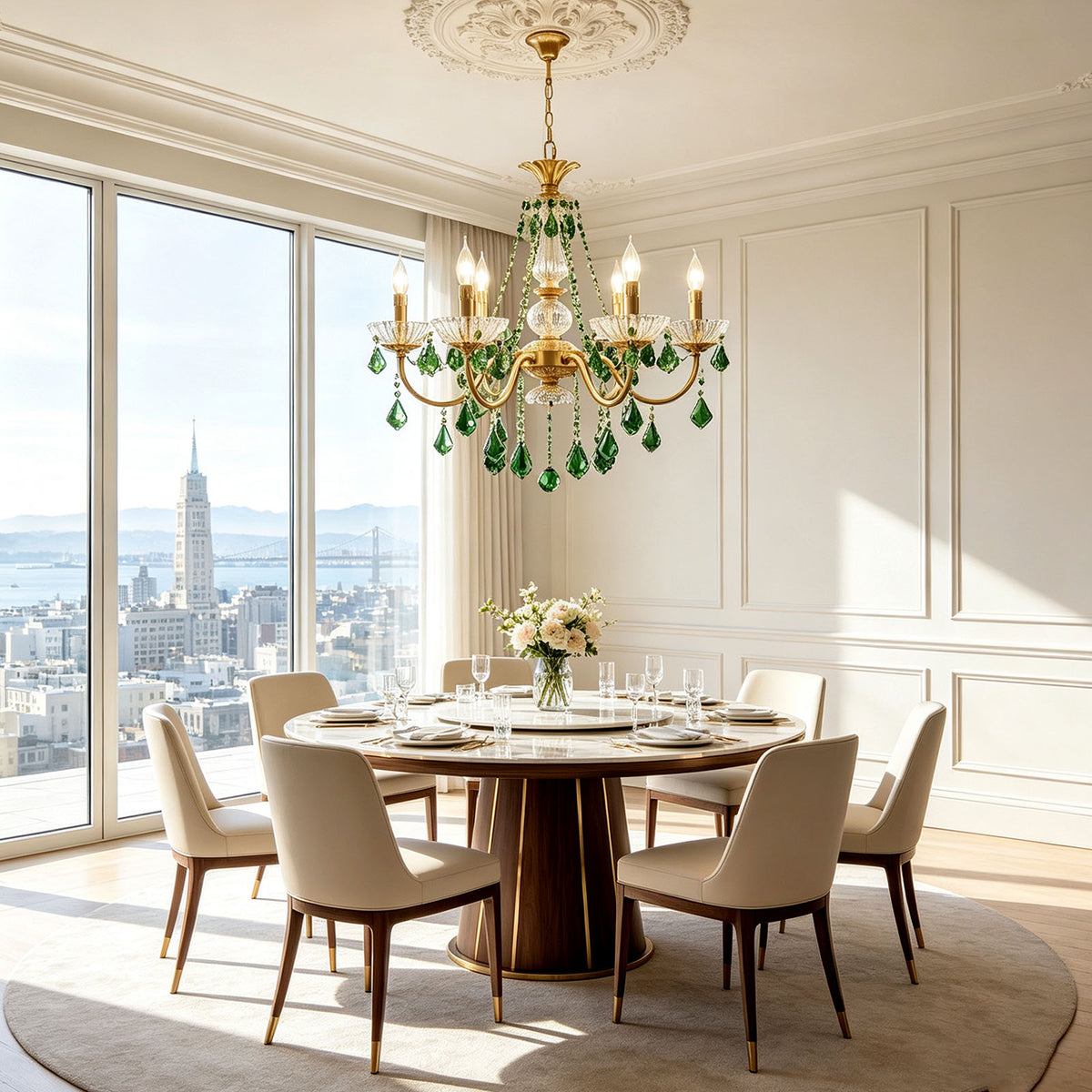 Vionne Green Crystal Drop Brass Chandelier | Green Crystal, Clear Glass and Brass | Suspended over a round dining table in a room with panoramic city views | Severn Lighting