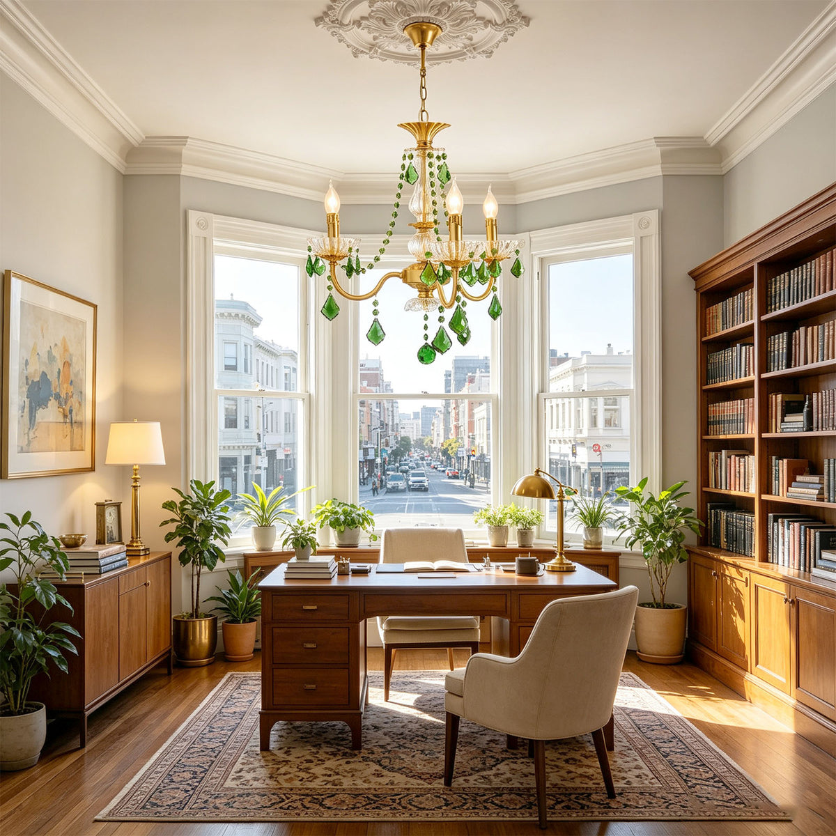 Vionne Green Crystal Drop Brass Chandelier | Green Crystal, Clear Glass and Brass | Hanging in a bright home office with a wooden desk and bay window | Severn Lighting