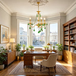 Vionne Green Crystal Drop Brass Chandelier | Green Crystal, Clear Glass and Brass | Hanging in a bright home office with a wooden desk and bay window | Severn Lighting