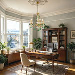Vionne Green Crystal Drop Brass Chandelier | Green Crystal, Clear Glass and Brass | Centered in a classic study room featuring bookshelves and a desk | Severn Lighting