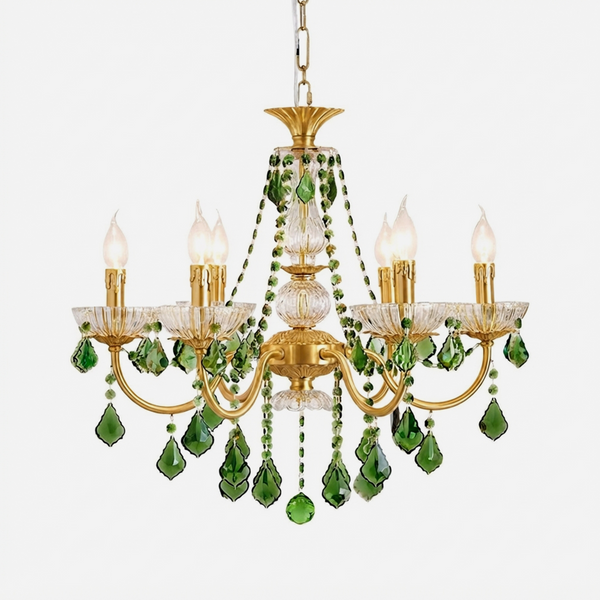 Vionne Green Crystal Drop Brass Chandelier | Green Crystal, Clear Glass and Brass | Front full view on a pure white background, illuminated | Severn Lighting