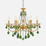 Vionne Green Crystal Drop Brass Chandelier | Green Crystal, Clear Glass and Brass | Front full view on a pure white background, illuminated | Severn Lighting