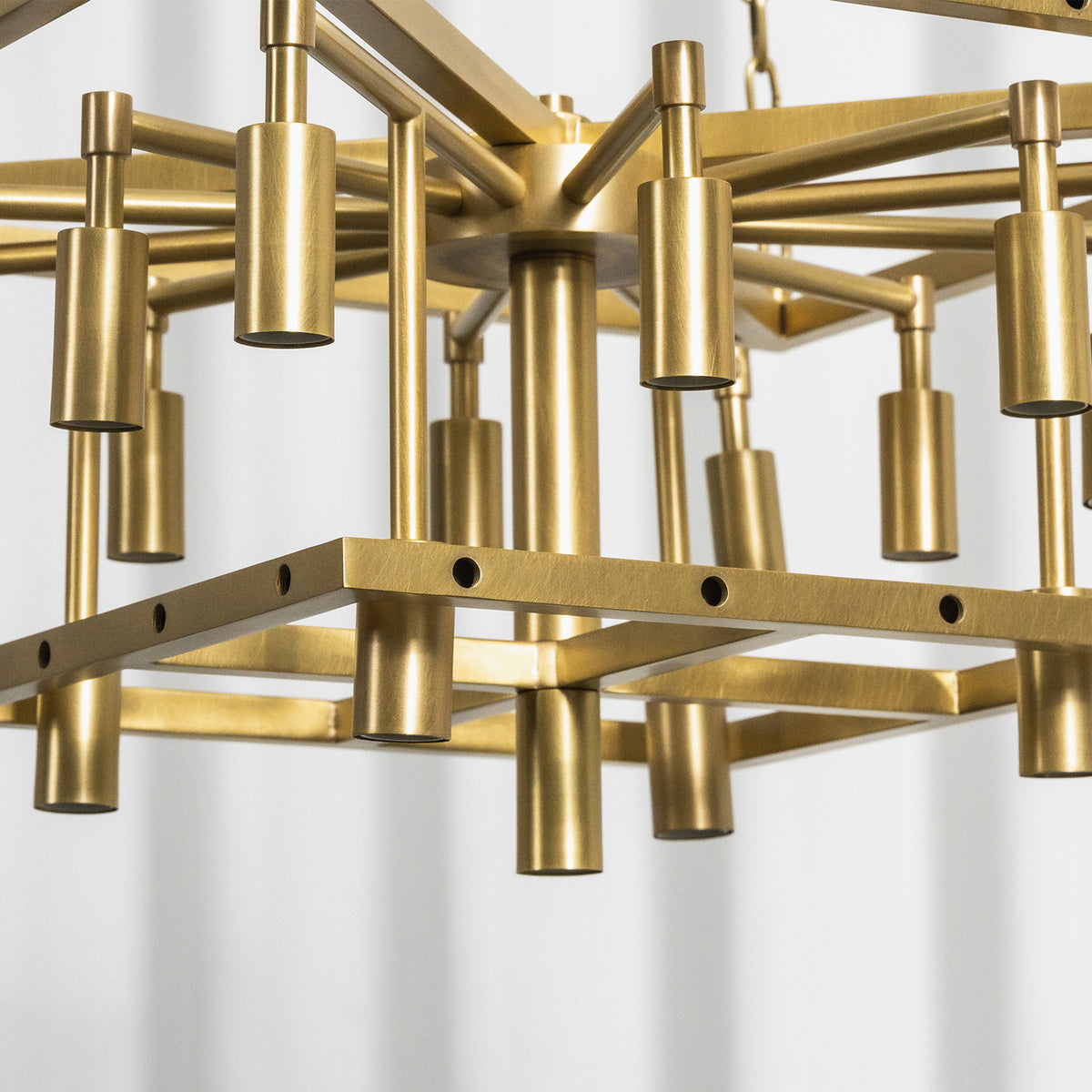 Vivienne Tiered Alabaster Chandelier | Alabaster, Brass | Close-up detail view of the empty gold brass metal internal structural framework band with empty bulb sockets | Detail shot | Severn Lighting