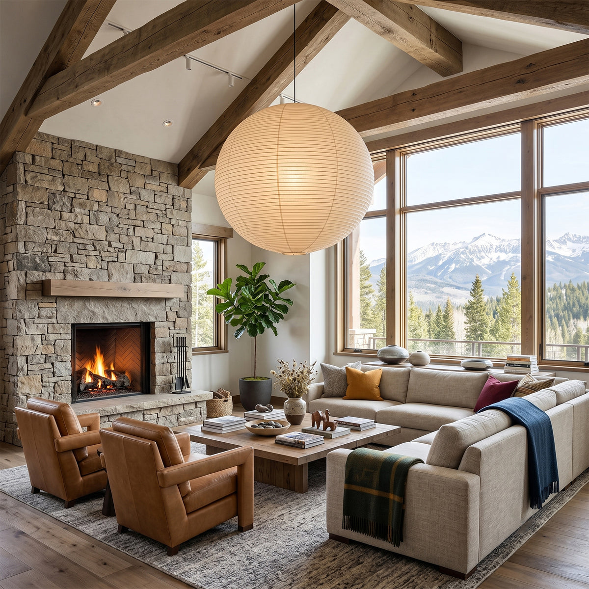 Washi Paper A Pendant Light | Japanese Wabi-Sabi Paper Lantern | Casting a warm glow in a cozy living room with a stone fireplace and large scenic windows