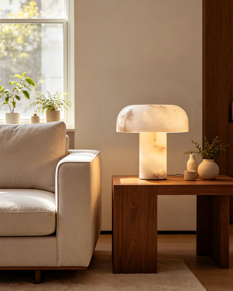 Alabaster mushroom table lamp on a walnut side table beside a cream sofa